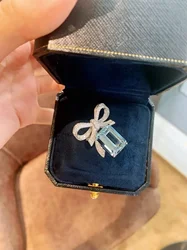 Charm Bowknot Aquamarine Diamond Ring 100% Real 925 Sterling Silver Party Wedding Band Rings for Women Bridal Engagement Jewelry