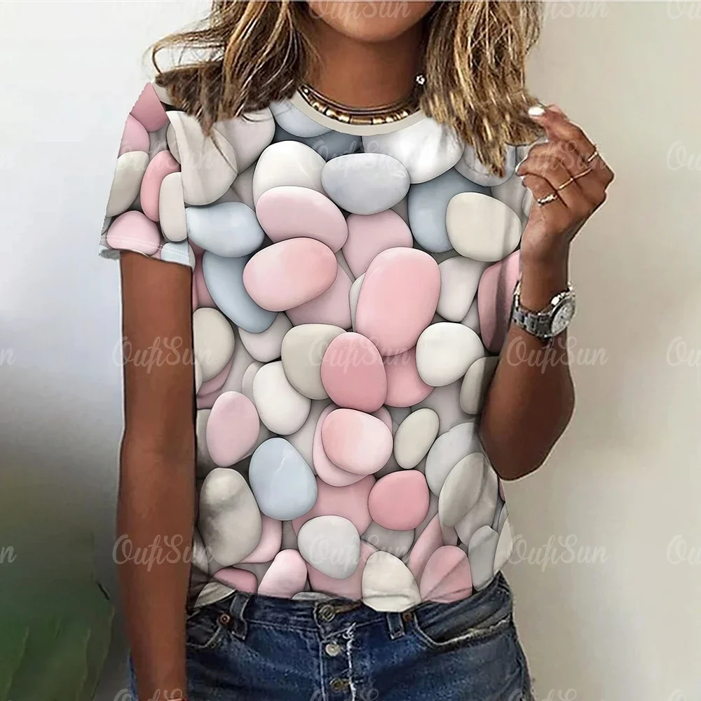 

Plus Size Fashion Casual Loose T Shirt Short Sleeve O-Neck Tops Design Clothing 3d Colorful Stones Print Tshirt for Women