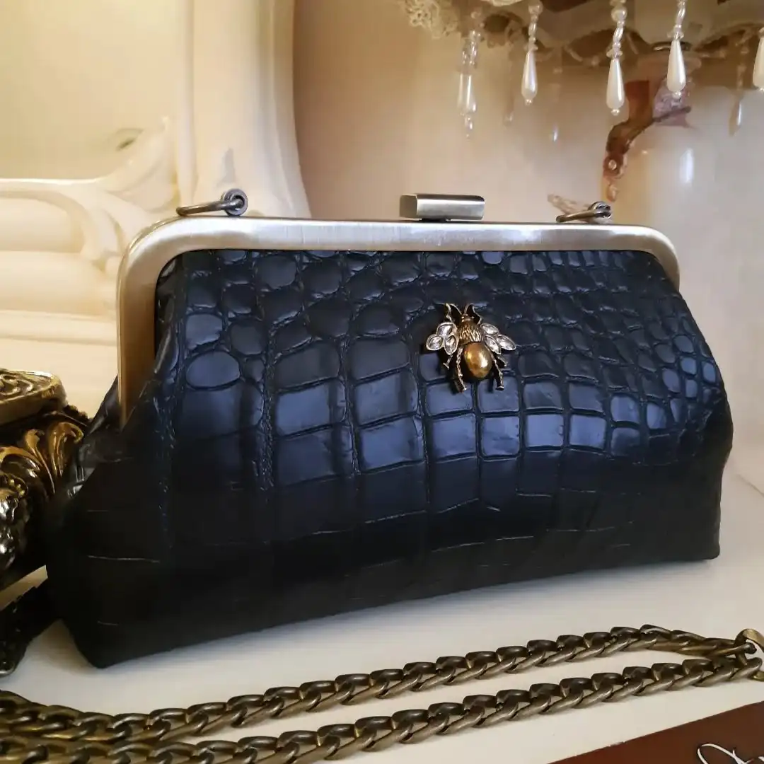 

Lost In Vintage Classic Black Leather Clutch 28x4x14cm Soild Bags with a Bee-Brooch Metal Frame with Long Gold Chains