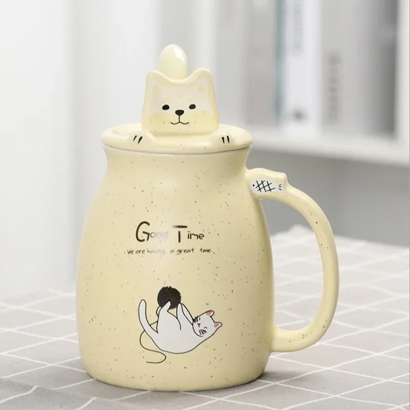 500ml Cartoon Ceramics Cat Mug with Lid and Spoon Handle Cute Cat Mug Coffee Milk Tea Mugs Breakfast Cup Drinkware Novelty Gifts