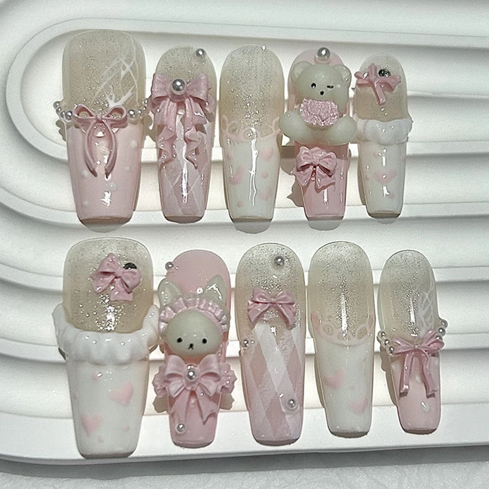 

10PCS Cute 3D Bow Teddy Bear Pink French Handmade Press On Nails Kawaii Bunny Long Fake Nails Pearls Heart Glitter Nail Art