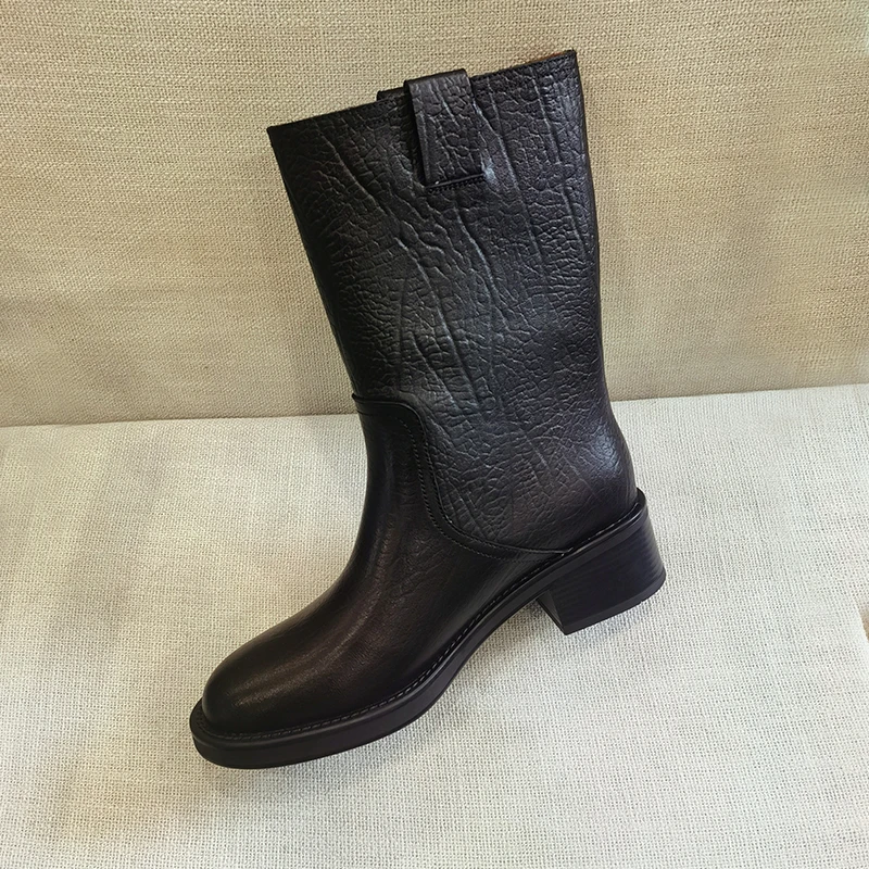 2026 Winter New Women Shoes Genuine Leather Mid Calf Boots Round Toe Fashion Thick Heels Shoes Winter Retro Black Platform Boots