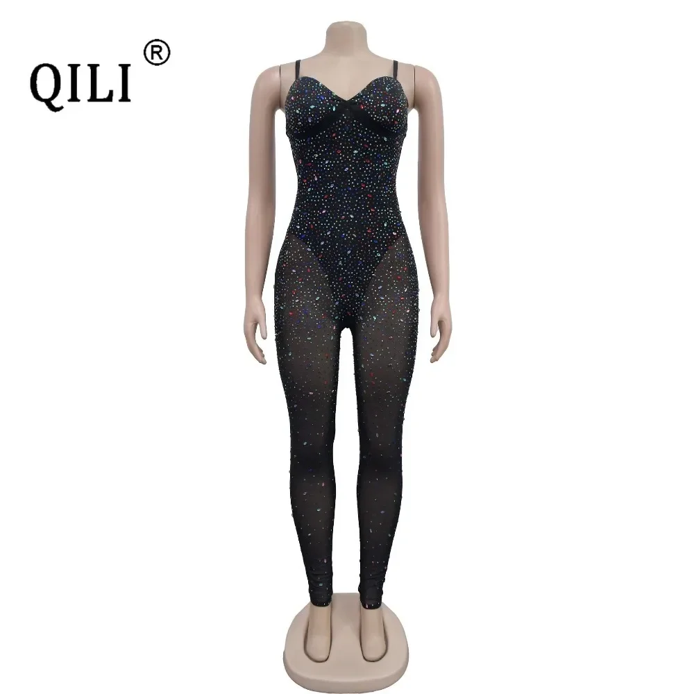 QILI-tute con strass d\'acqua arcobaleno, tracolla con diamanti, pantaloni lunghi Skinny senza maniche, pagliaccetti della tuta, See Through