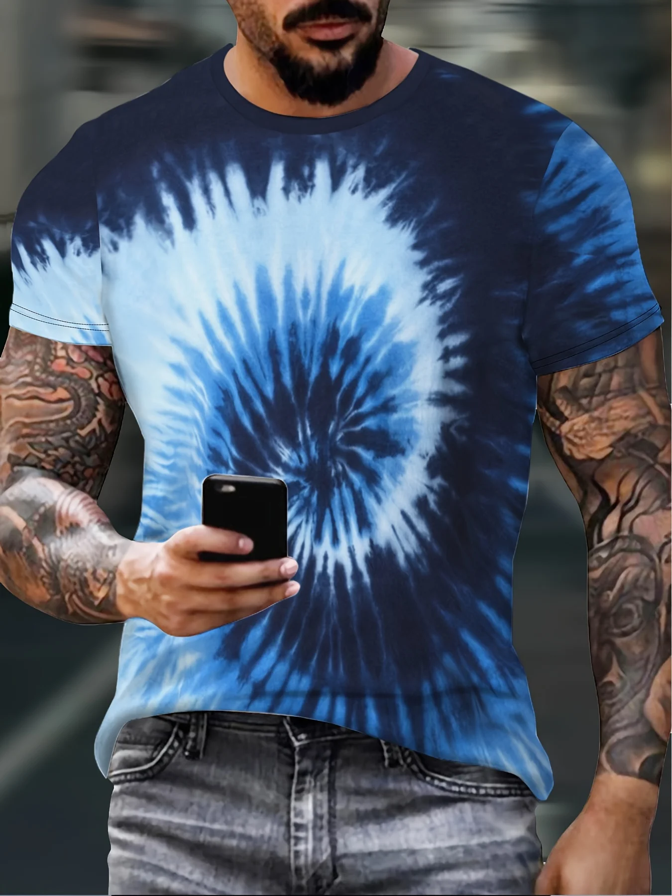 Men Blue Spiral Tie Dye Print T-shirt O-neck Short Sleeve Vintage Street Casual Tops