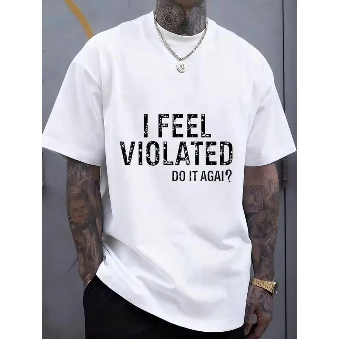 Men's Black T-Shirt With Bold Text Design I Feel Violated Do It Again Graphic Statement Tee For Casual Wear
