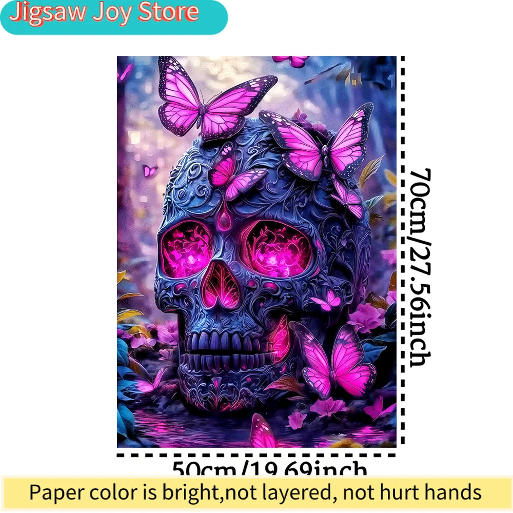 

Большой пазл на 1000 элементов для взрослых (18+) - Искусство: Череп и крылья бабочки с фиолетовыми и розовыми элементами, вызывающие головоломку.