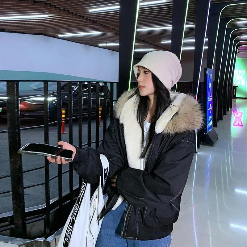 

Американская зимняя куртка в стиле хип-хоп с воротником из искусственного меха, женская утепленная куртка с капюшоном, свободная винтажная мотоциклетная куртка на хлопковой подкладке