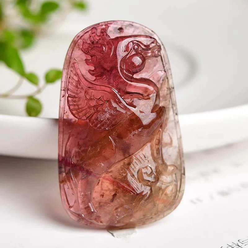 Natural Red Tourmaline Carved Pendant Flash Woman Men Watermelon Tourmaline Clear Water Drop Beads Fashion Jewelry AAAAAA