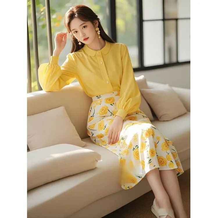 Ele jaune Rose imprimé irt et jupe Ensemble femme Faion automne hiver tenue longue Sve Smart Ensemble décontracté