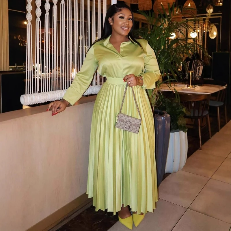

Two Piece Skirt Sets Pleated Long Skirts Solid Shirts Single Breasted Lapel Blouses Full Sleeve Casual Suits A Line Autumn