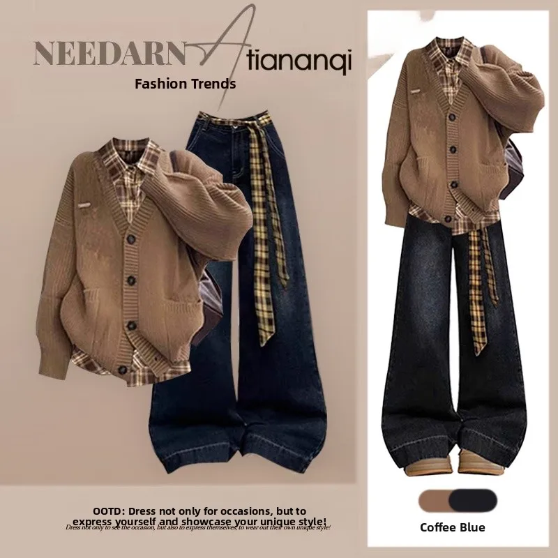 

Вязаный свитер Ele из осенней коллекции, комплект из трех предметов: рубашка в клетку и прямые джинсы для женщин, модная коллекция.