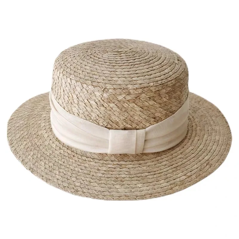 Fashion Handmade Vintage Straw Flat Top Wide Brim Hats For Women Summer Casual Beach Hat Fadora Hat For Woman Chapeau Ete Femme