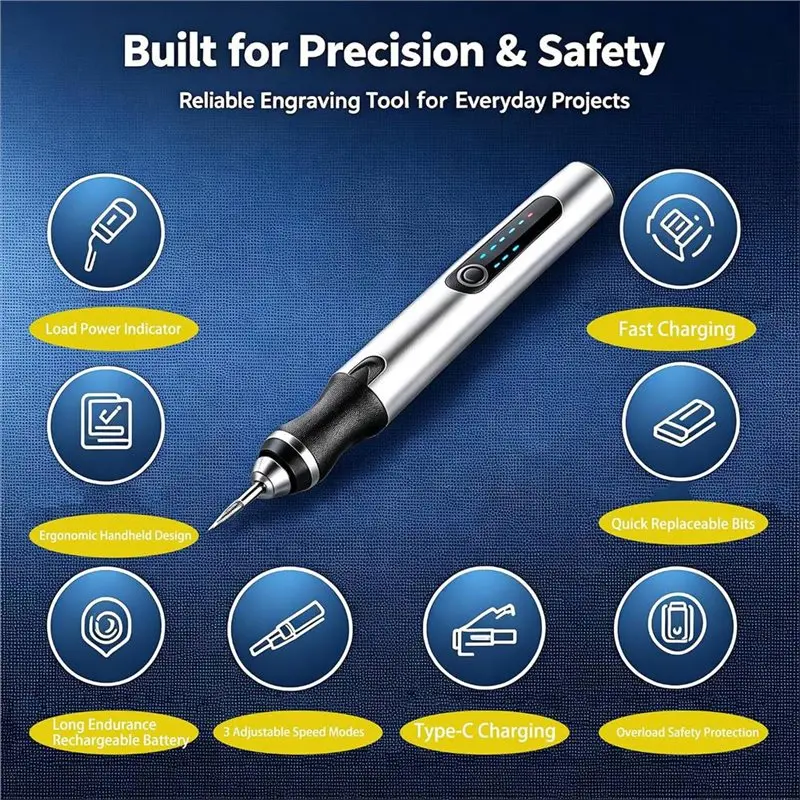 ABMH-Type-C Rotary Tool Kit, Mini Cordless Engraving Pen With 20 Bits, 3-Speed LED Display For Wood& Metal Carving