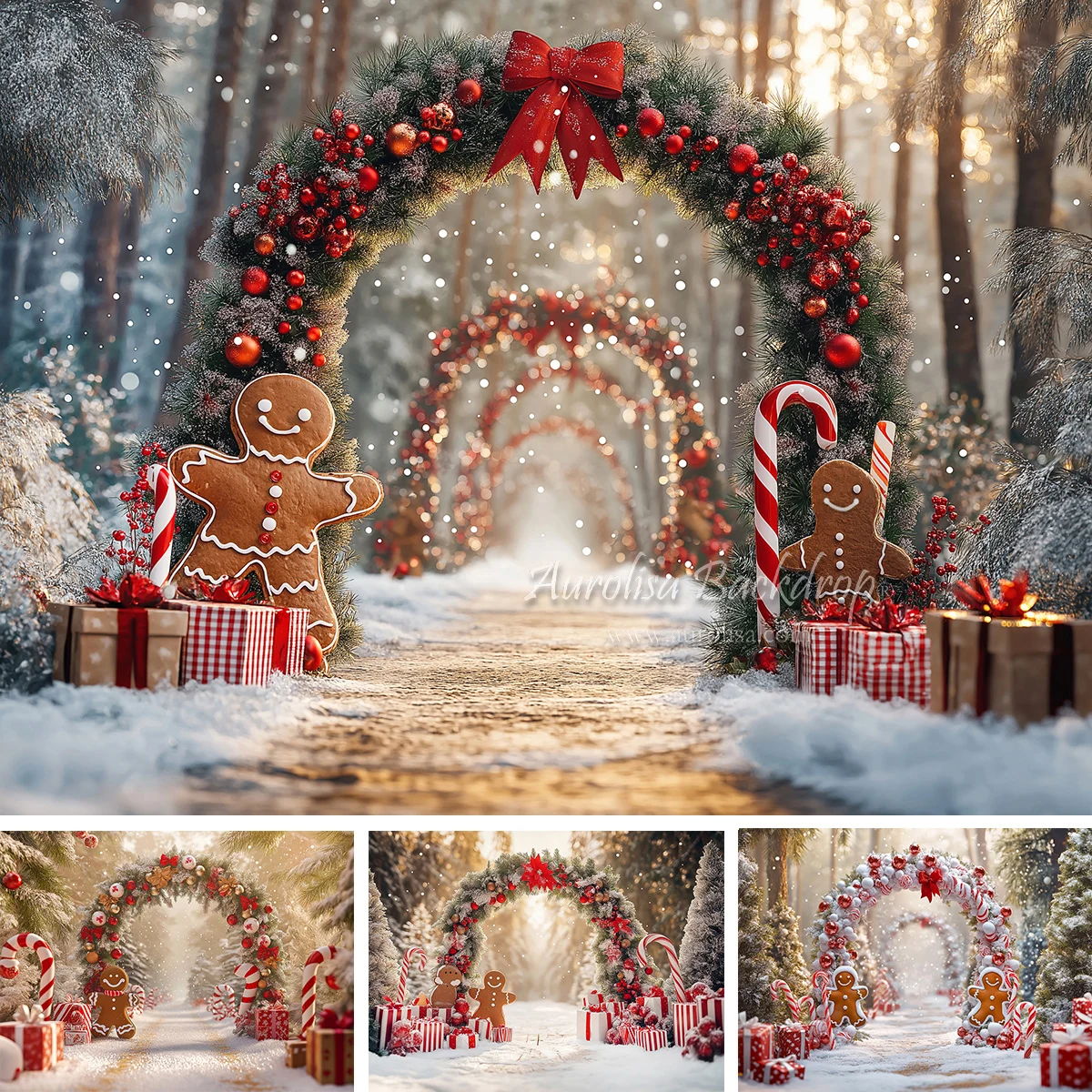 Christmas Arch With Gingerbread Man And Candy Cane Backdrops Kids Adult Photography Child Baby Child Snowy Path Backgrounds