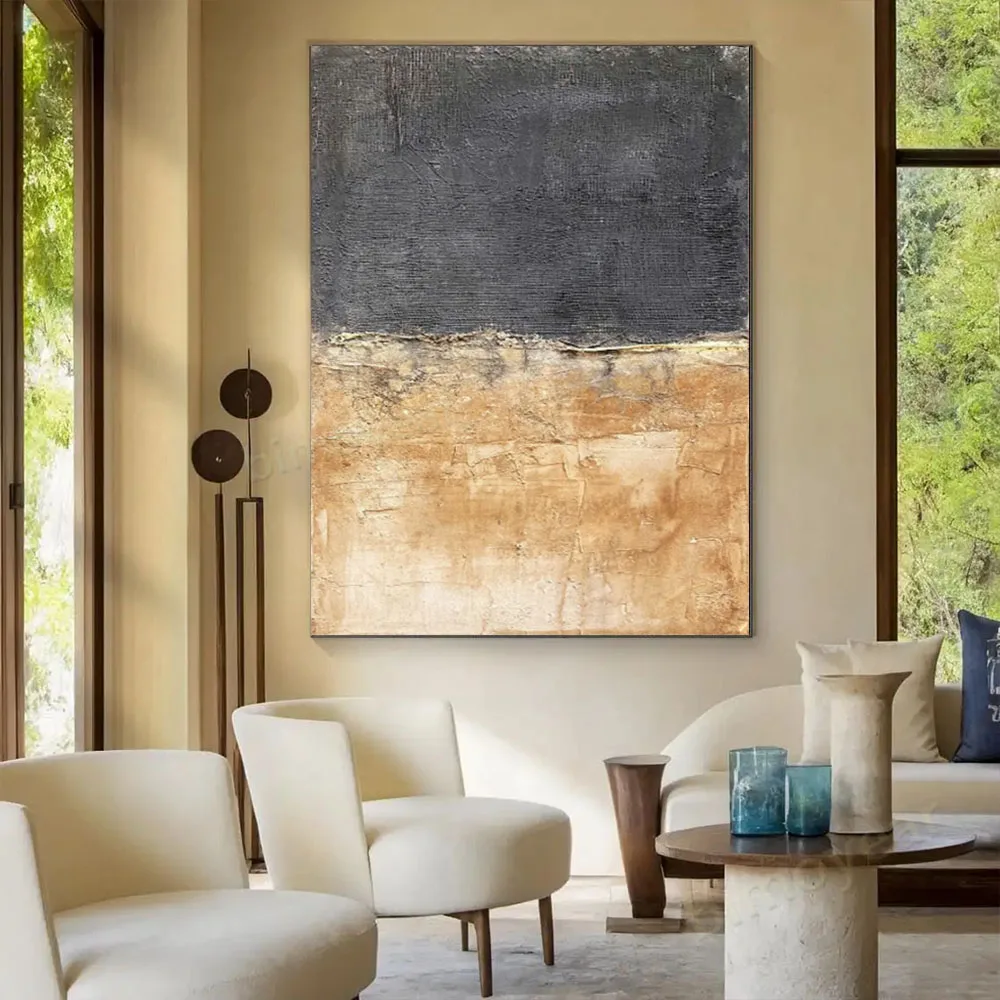 لوحة زيتية تجريدية مرسومة يدويًا بنسبة 100% باللونين الأسود والأصفر لوحة جدارية أصلية لتزيين غرفة المعيشة المنزلية طلاء جمال داخلي