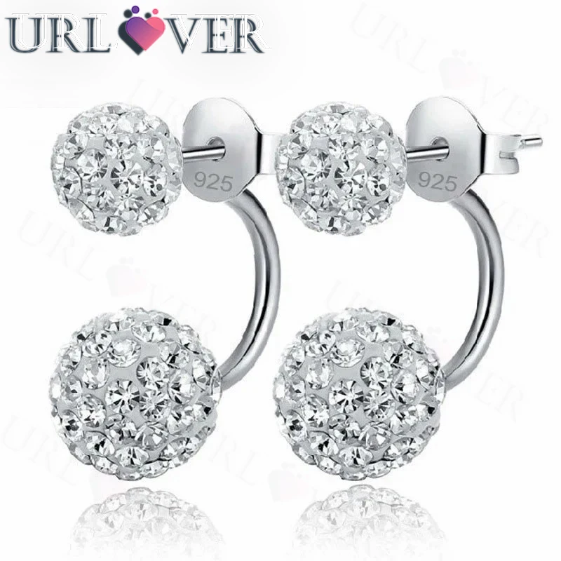 

URLOVER Full Austrian CZ Crystal Paved Stud Earrings for Women 925 Sterling Silver Stamp Disco Balls Brincos Jewelry