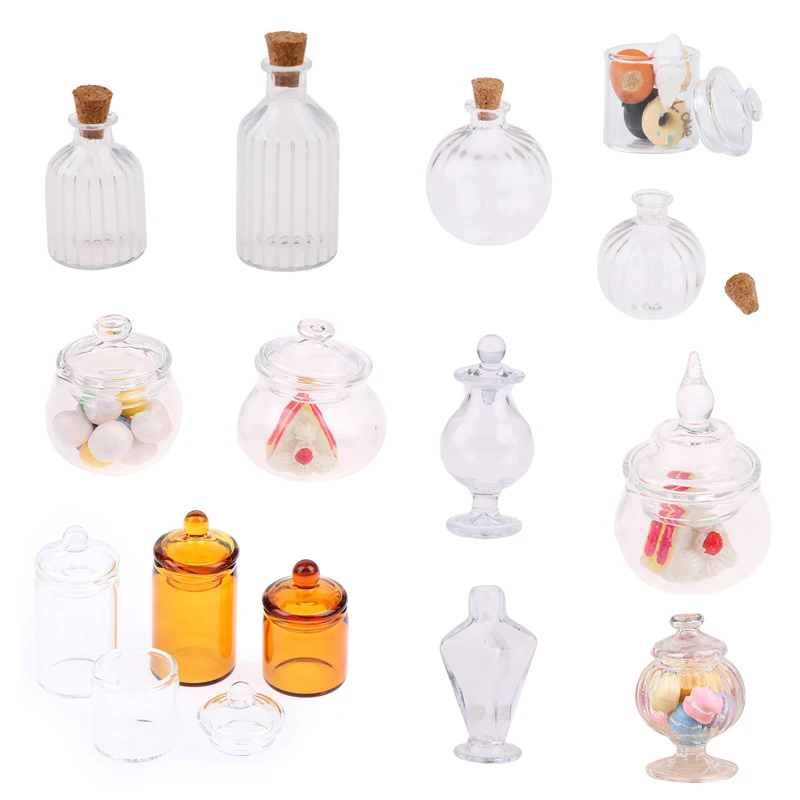 1PC 1:12 Dollhouse Miniature Glass Candy Jar Vintage Striped Jar Candy Bottle Model Toys Furniture Doll house Decor Accessories