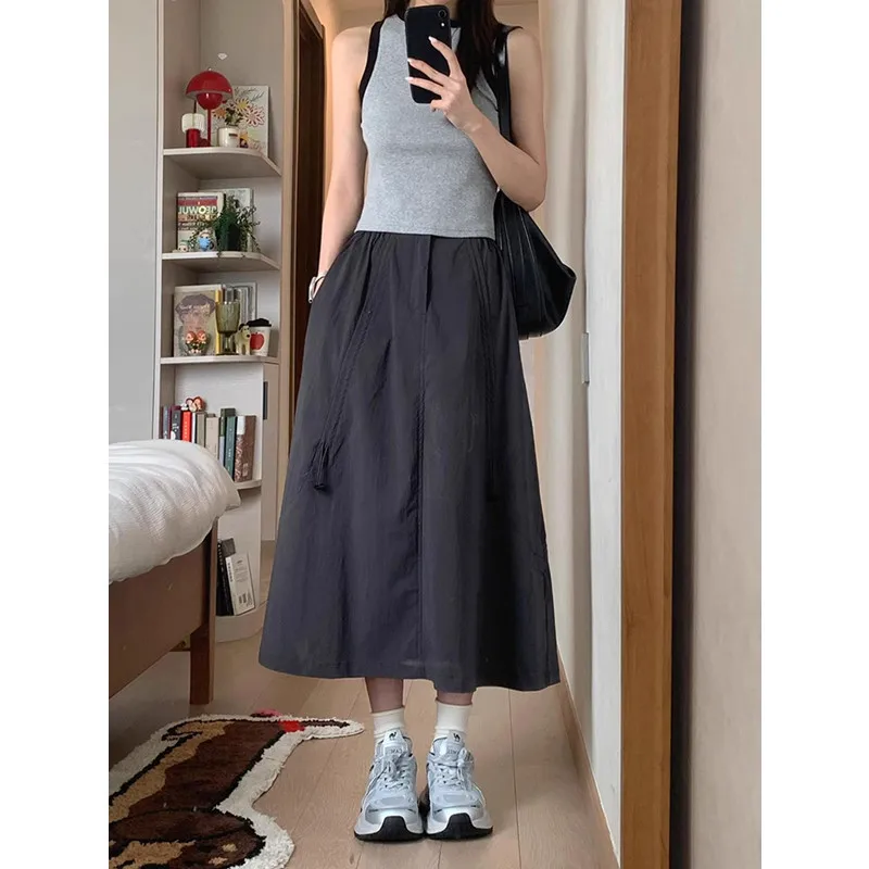 Women's A-Line Midi Skirt, Casual High Waist Cotton-Blend Swing Skirt, Minimalist Solid Color Skirt with Drawstring Detail