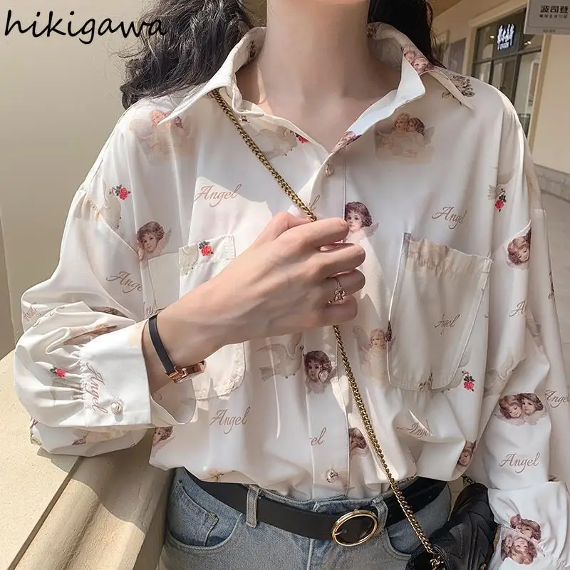 Vintage Chiffon Blouses Women Clothing Angel Print Long Sleeve Shirts 2025 Blusas Mujer De Moda Casual Fashion Oversized Tops