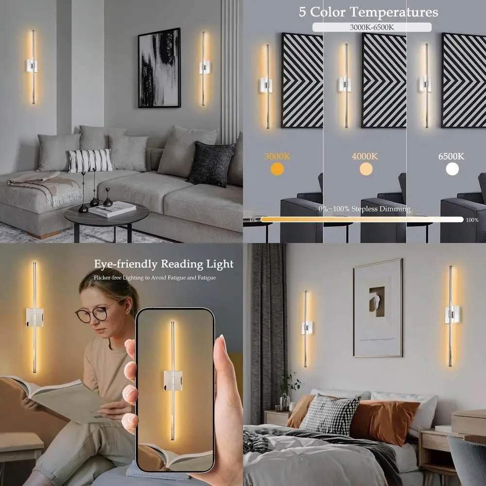 

Настенный светодиодный светильник с пультом ДУ, 5 цветов, регулируемая яркость, 3000K-6500K, с проводным подключением, подходит для гостиной и спальни, хромированная отделка