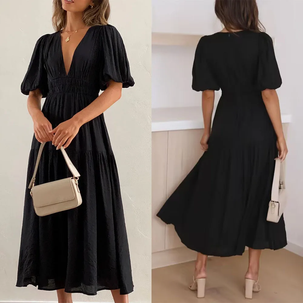 Customized V-neck Black Tea Length Short Sleeves A-line Serene Hill Boutique Store متجر Robes De Soirées Elegantes Pour Mariage