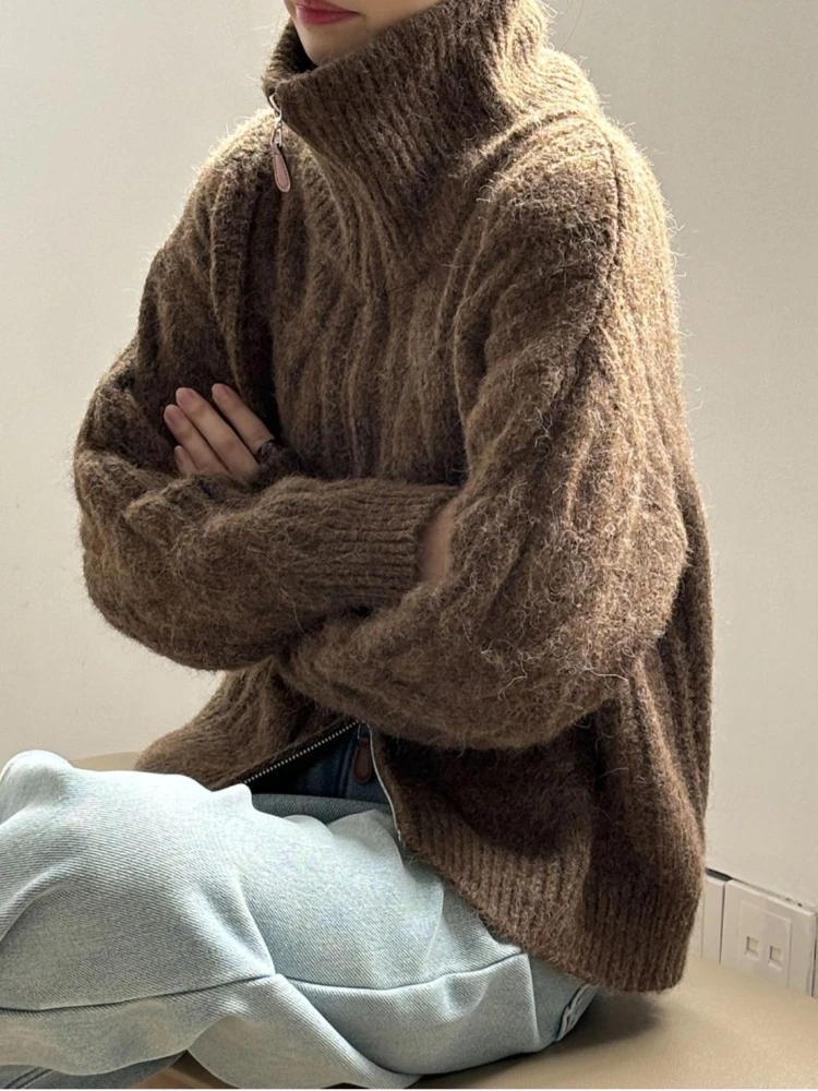 2026 outono inverno novo chique duplo zíper cardigan feminino retro solto lapela malha torção camisola nova casual roupas versáteis