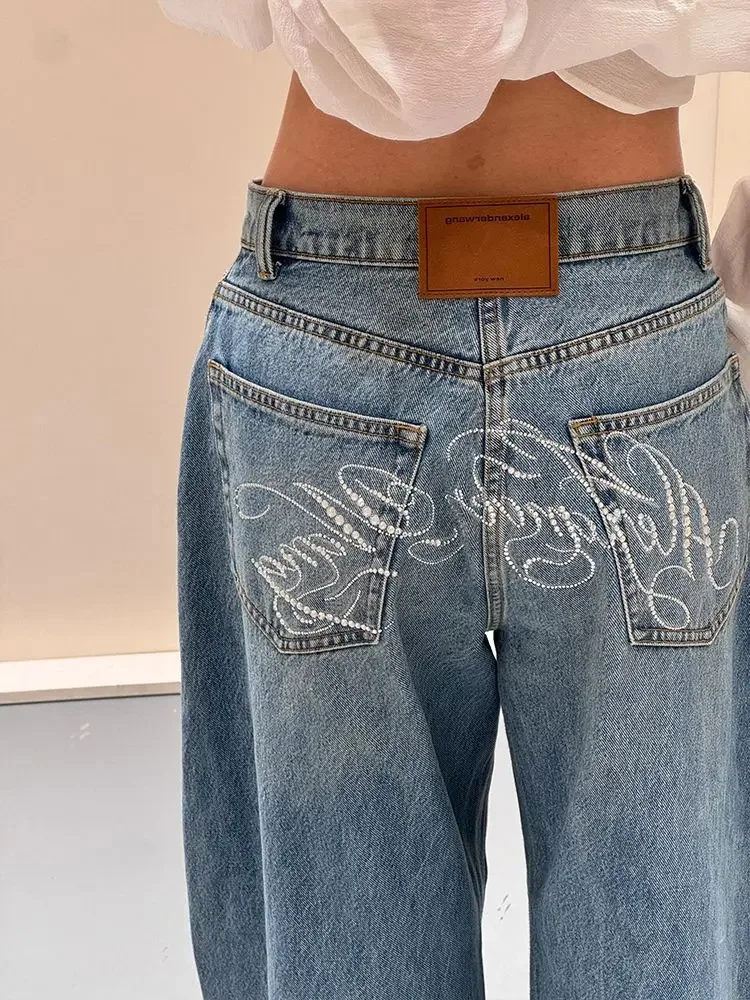 Chaud diamant lettres rétro fille chaude taille haute Vintage surdimensionné jean haute rue mode décontracté femmes ample jambe large eans