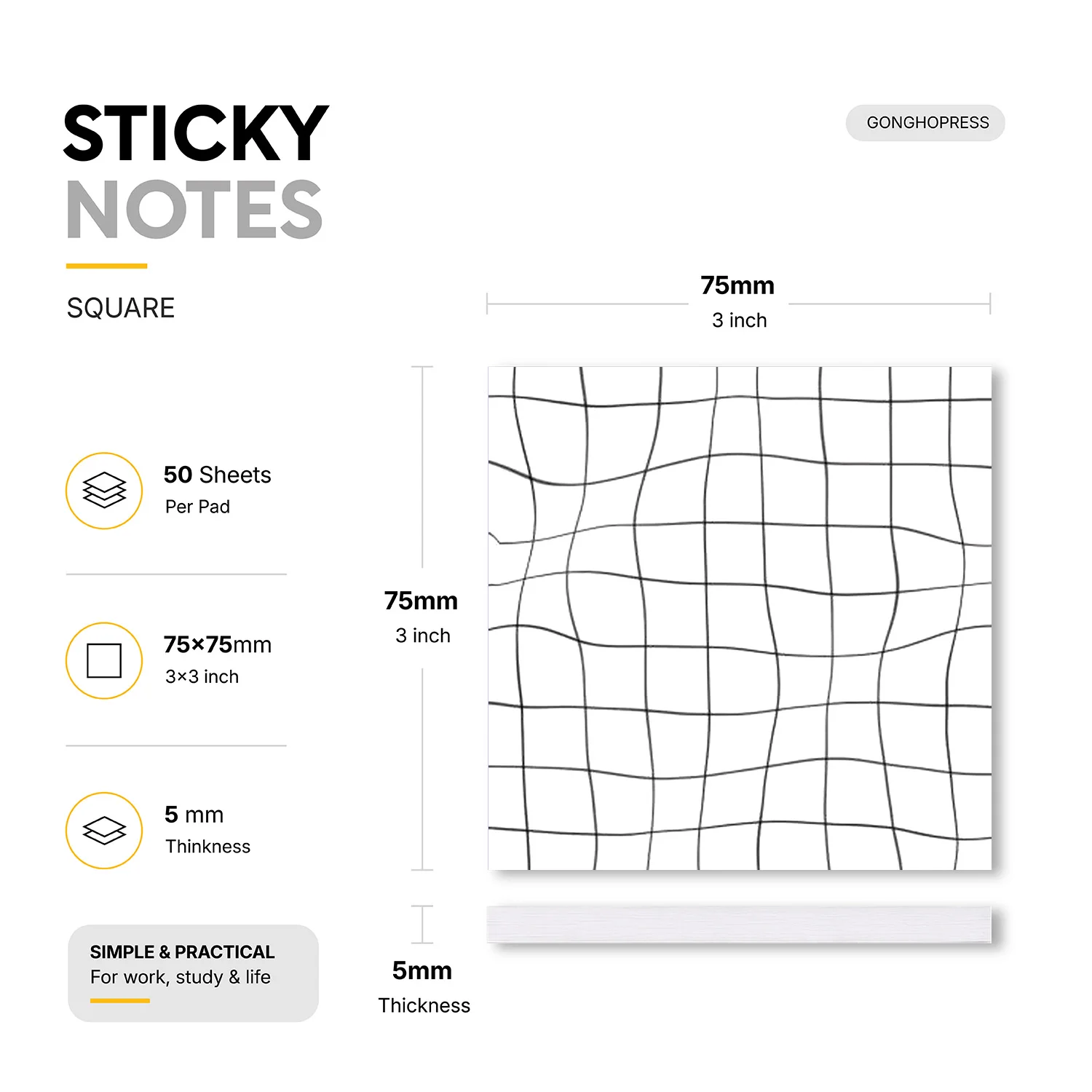 2pcs Grid Sticky Notes Set, Black and White Minimal Self Stick Memo Pads, 100 Sheets Total, Simple Checkered Notepads, Removable