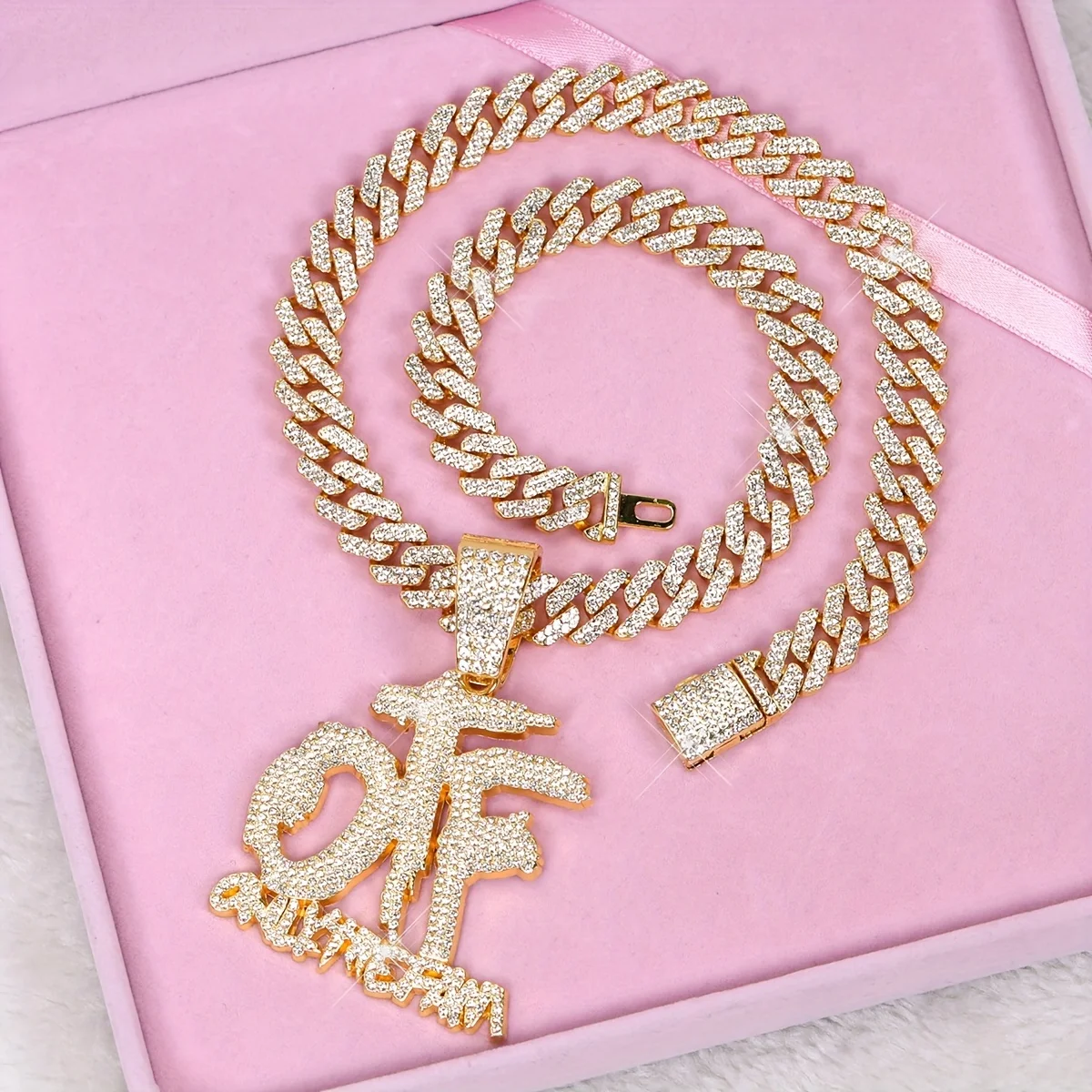 Personality Simple hiphop iced out Letter OTF Pendant Cuban Chain Trend Hip Hop Rap Fashion Women's Jewelry Gifts