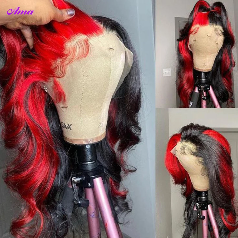 1B Red Highlight Wig Human Hair 180% Density Body Wave Lace Front Wig 13x4 Ombre Colored Lace Front Human Hair Wigs For Women