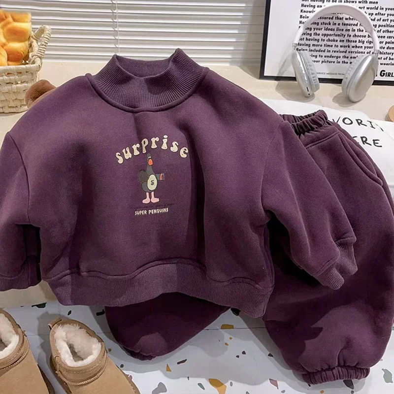 

Kids Fleece Warm Sets Autumn Winter Boys Girls Casual Tracksuit Clothing Suits Children Long Sleeve Pullover+Pants 2Pcs Outfits