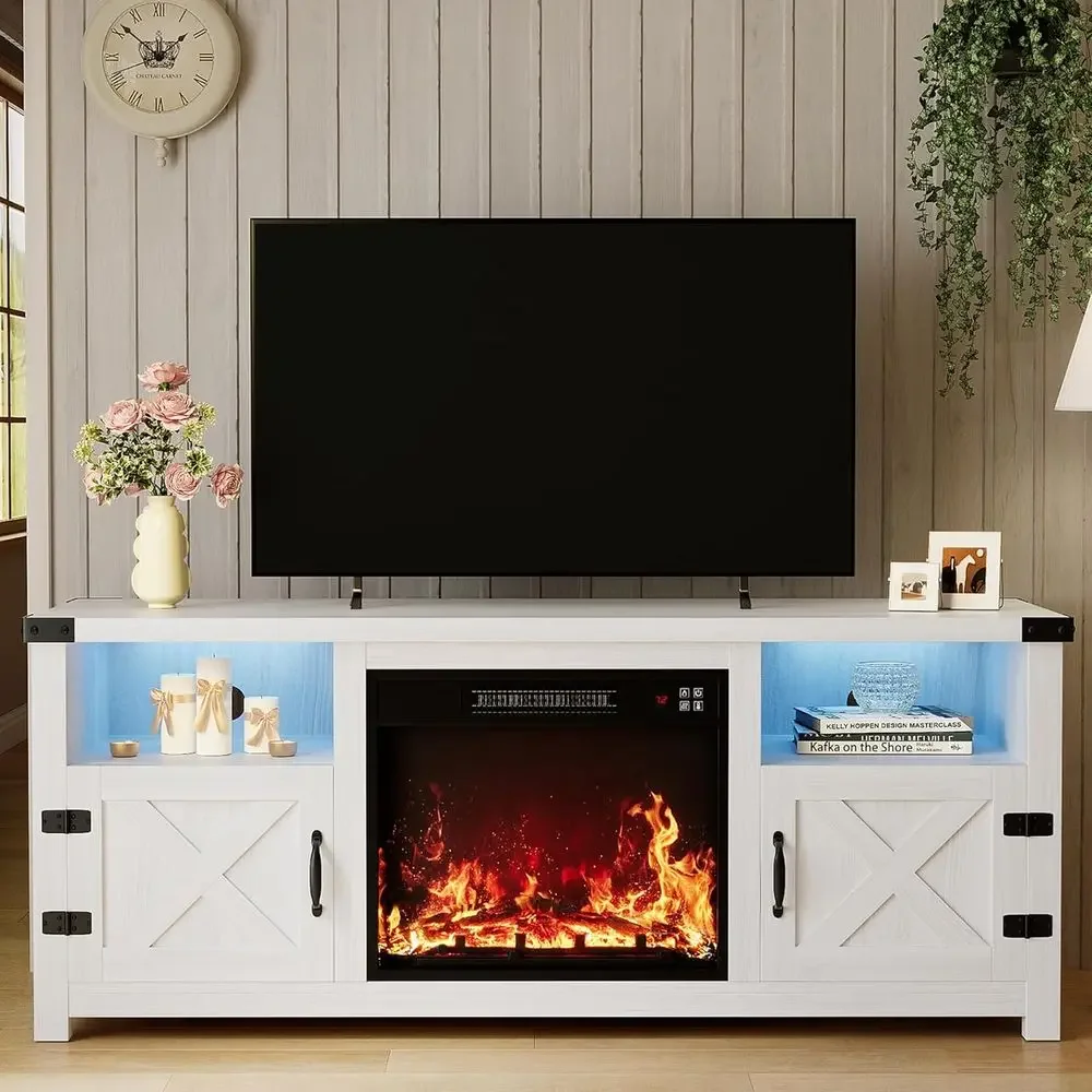 LED ireplace TV Stand with Mood Lighting, TV Cabinet with Open Shel, armhouse Media ole with Hidden Cable Routing, Entertainment