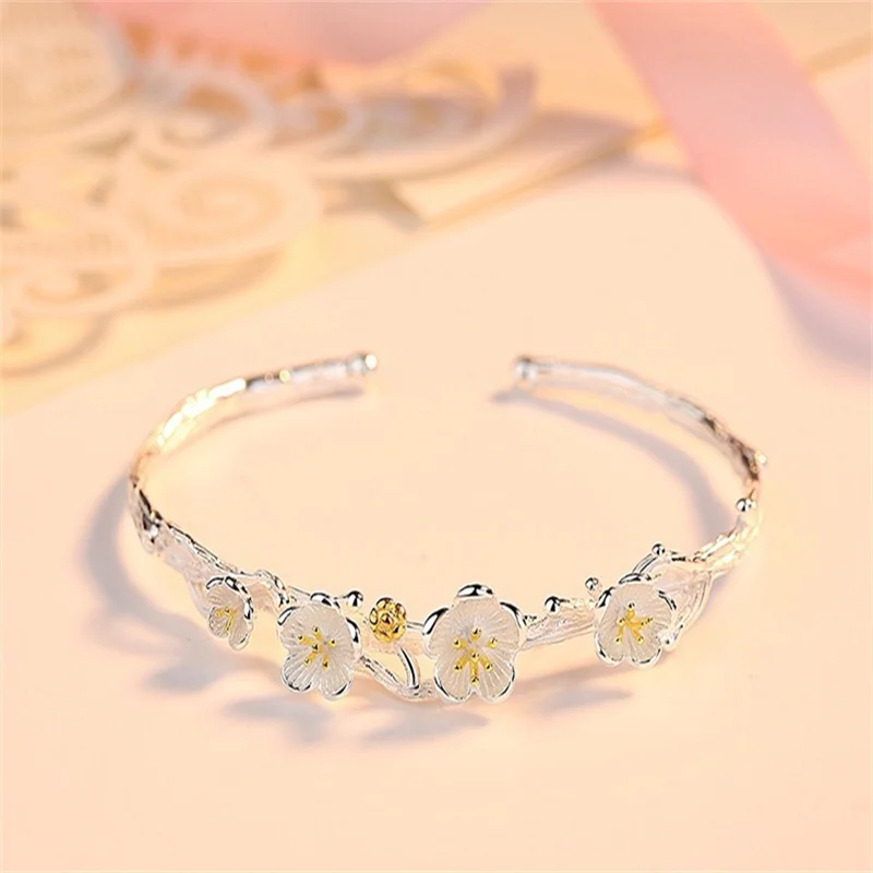 S999 Pure Silver Open Cuff Bangle For Women Twig Plum Blossom Two-Tone Gold Stamen Floral Bracelet Minimalist Oriental Fine Jewe