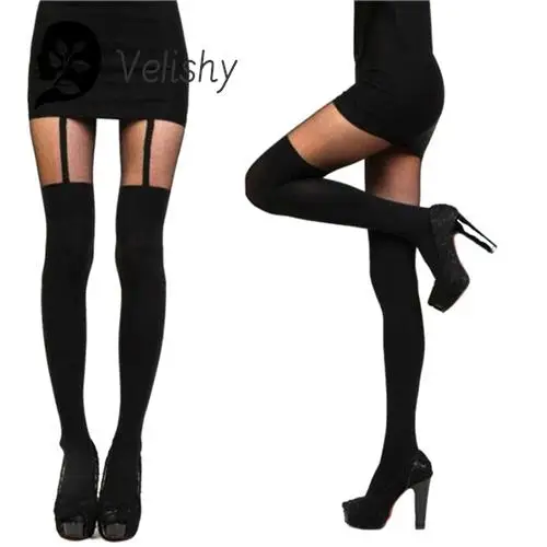 Women Sexy Black Fake Garter Belt Suspender Tights Over The Knee Hosiery Stocking