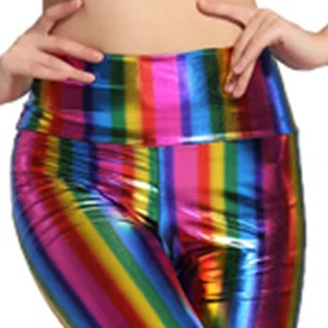 Female striped leather leggings, tight waist pants, Europe and the United States, hot, new, sexy, ladies, rainbow, gold, gold 10 Main Sales Leather Pants - №8