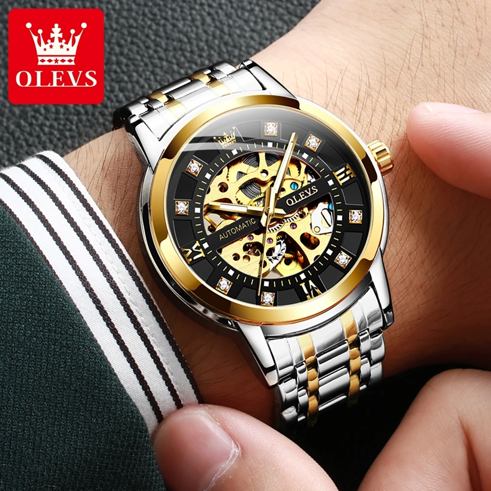 OLEVS Top Luxury Brand Men\'s Automatic Mechanical Watch Fashion Business Stainless Steel Waterproof Diamond Skeleton Men\'s Watch