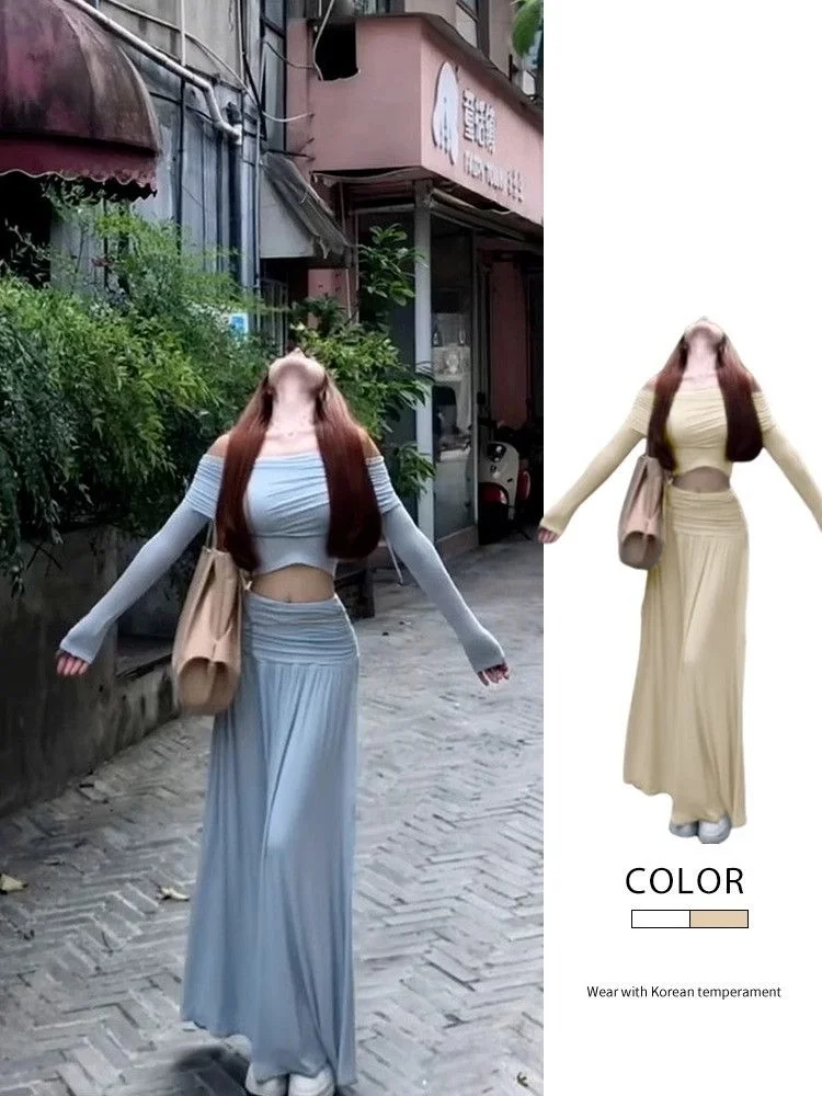 

Spring 2026 Women's One-Shoulder Long Sleeve Dress Set Korean Atmosphere Sensation Full Set Long Skirt Fashionable Ensemble