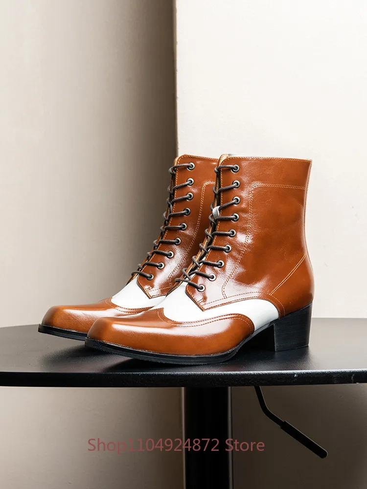 

Designer Full Grain Leather Square Toe Chelsea Boots Men's High Heels Derby Genuine Leather Outdoor Motorcycle Work Shoes Man