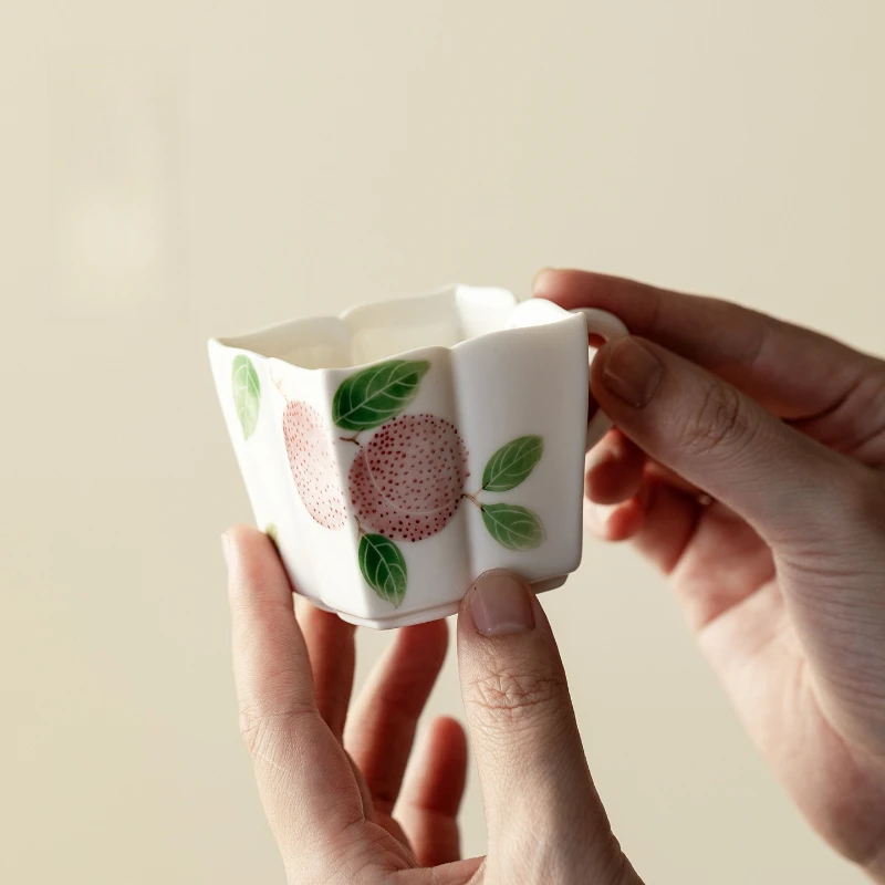 Hand Painted Lychee Ceramic Tea Cup Square Gourd Shape Heat Resistant for Personal Use Home Office Drink Tea Water Coffee Mug