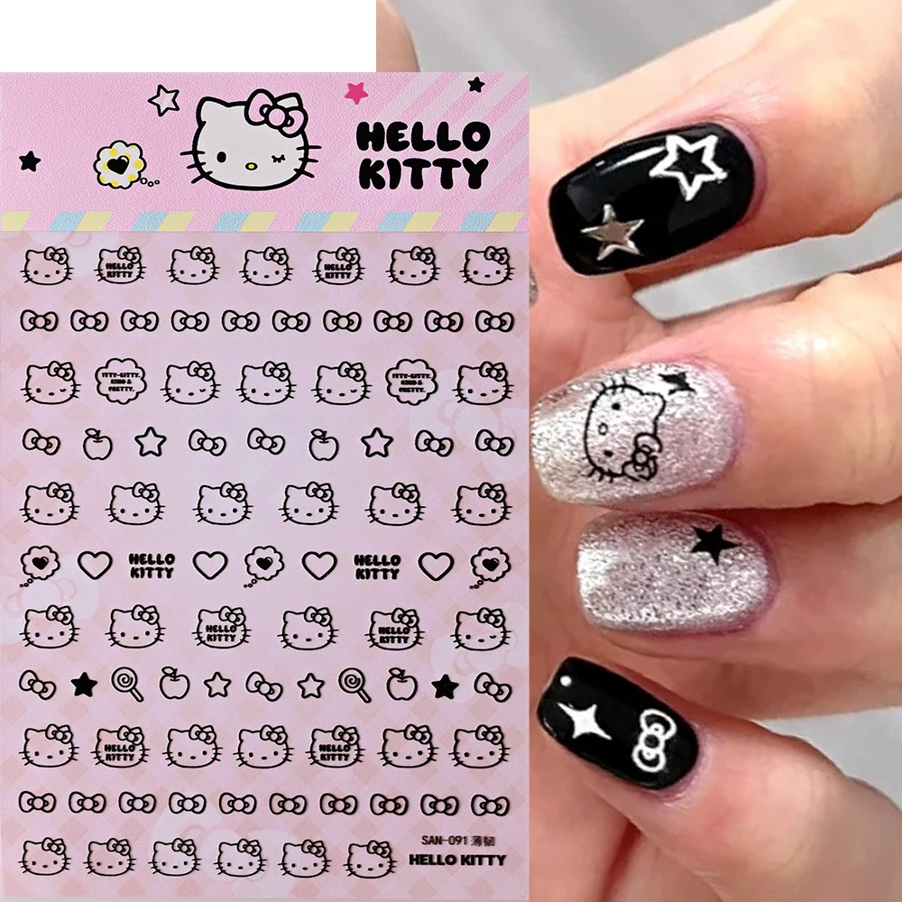 5D Black White Cartoon Hello Kitty Nail Stickers Sanrio Heart Bow Hello Kitty Nail Decorat Self-adhesive Stickers Nail Supplies