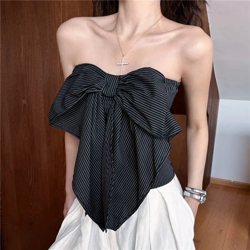

Sexy Black White Striped Short Tank Shirt Fashion Sleevelesss Slash Neck Hot Girl Chic Camis Vest New Summer Strapless Slim Top