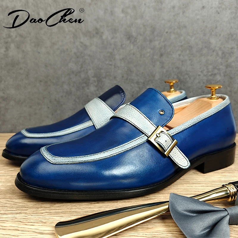 LUXURY BRAND MEN LEATHER SHOES BLACK BLUE MONK STRAP SLIP ON CASUAL MEN DRESS SHOES WEDDING OFFICE LOAFERS SHOES FOR MEN