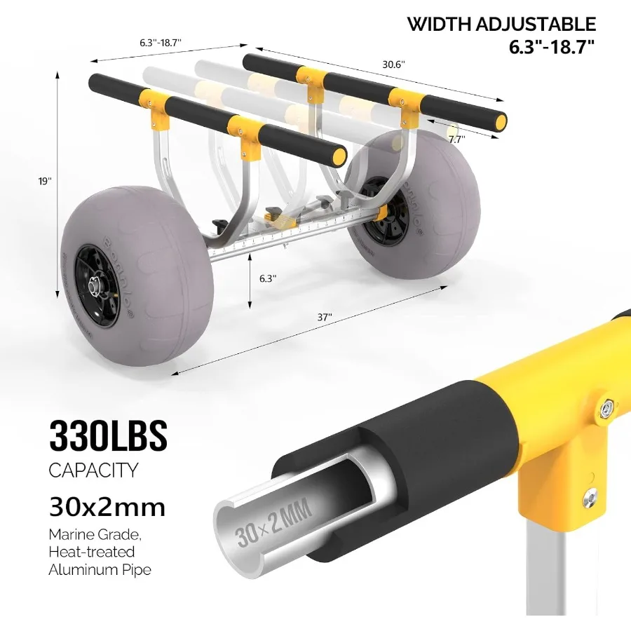 عربة شاطئ كاياك عرض قابل للتعديل 6.318.7 زورق عالمي دوللي عربة كاياك شديدة التحمل مع 12 بالون عجلات شاطئ مسنده