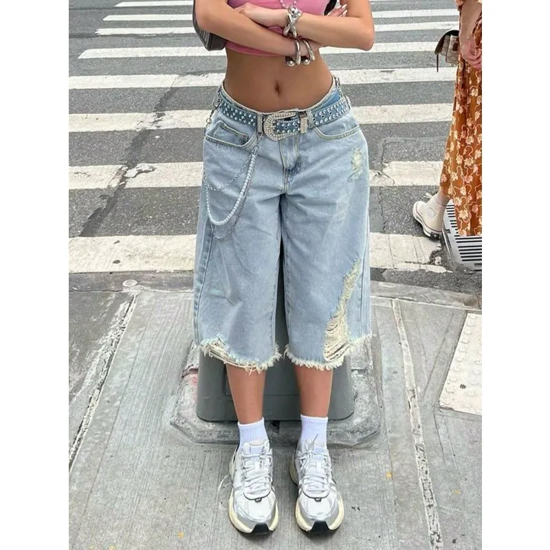 

2026 Women's High Waisted Loose And Worn Denim Shorts -90s Retro Street Style Coarse Linen Ripped Denim Shorts, Comfortable And Suitable For Summer Casual Wear
