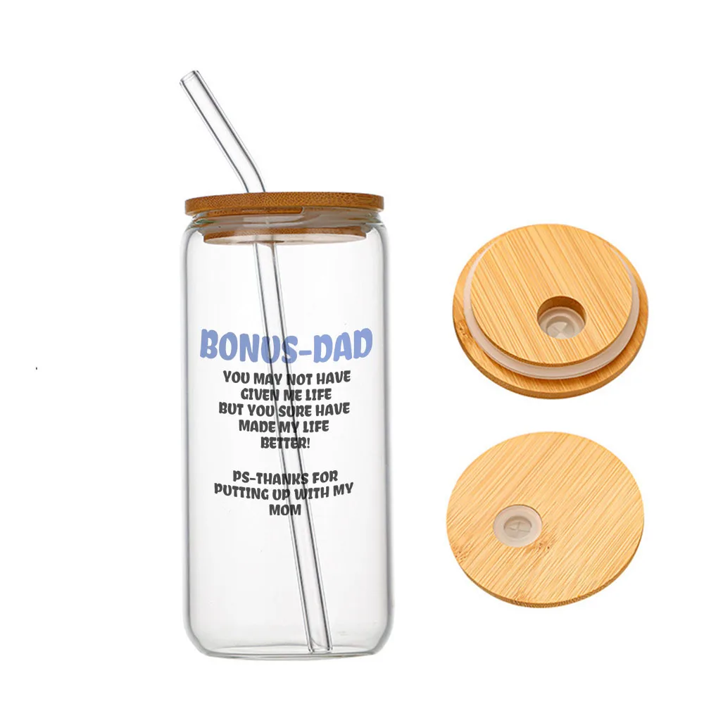 

Bonus Dad Funny Gifts for Step Dad from Daughter Son Glass For Heat Resistant High Drinking Cup With Straws Lids 16 oz