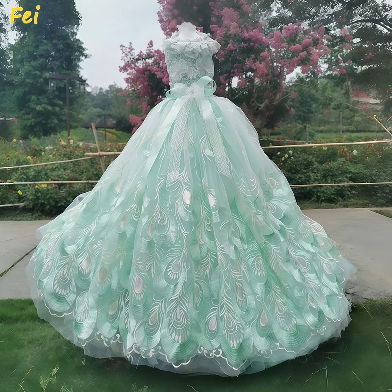 

Luxury Green Peacock Pet Dog Dress, Handmade Lace Bow Long Tail Costume for Small Dog, Fashion Photography Cute Party Apparel