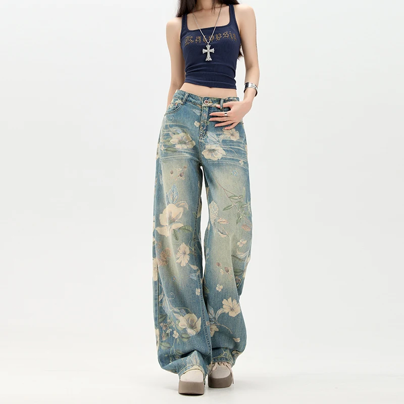 

New Summer Y2k Pants Jeans for Woman Loose Fit High Waist Retro Wide Pants American Vintage Style Floral Print Design