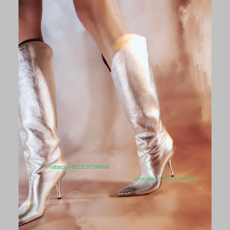 

Lady spiked toe pointed sliver color knee boots stiletto heel PU dance party dress high heels boots size 46 footwear size 46