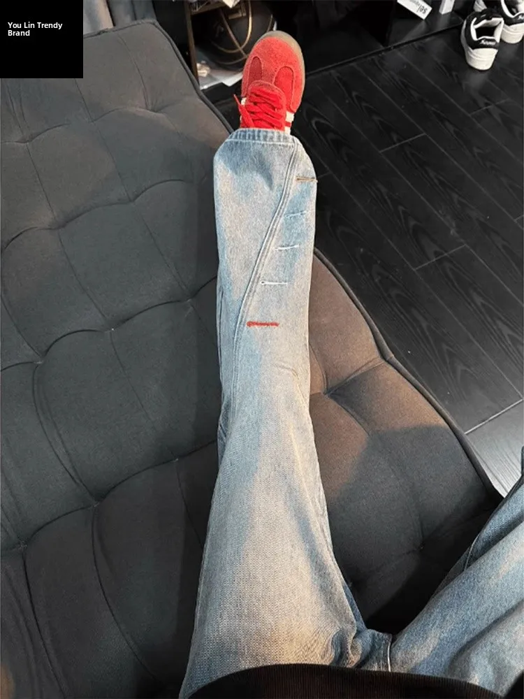 

Light Blue Curved Blade Slant Cut Men's Jeans High Waist Straight Leg Bell Bottoms American Retro Style Casual Comfortable