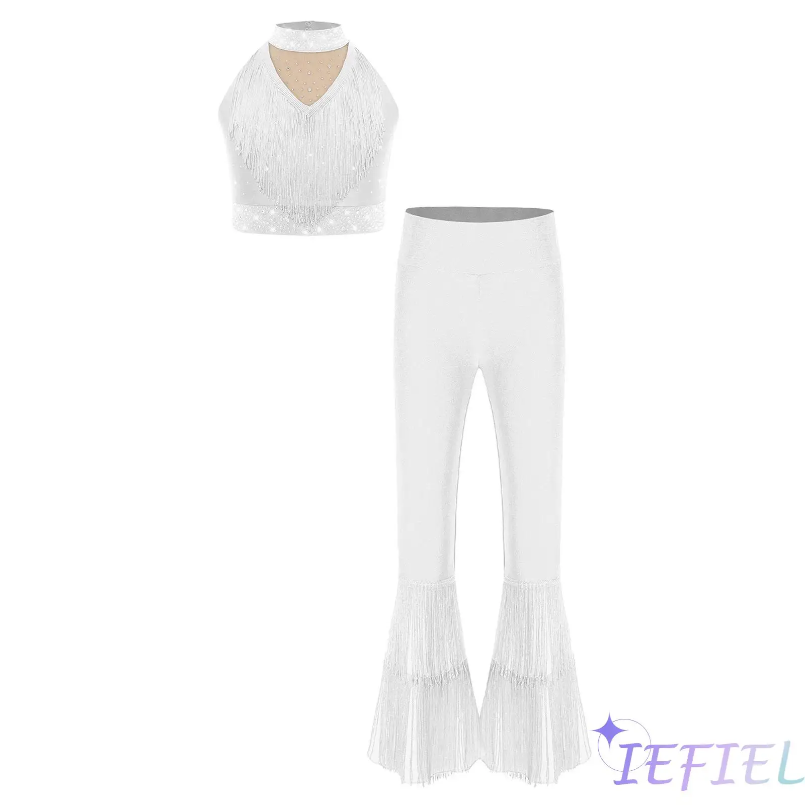 

Girls Latin Dance Outfit Stag Performance Costume Mock Neck Fringe Sparkly Rhinestones Dance Vest with Tassel Bell-Bottom Pants